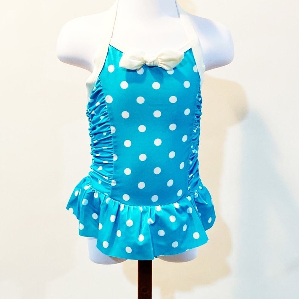 Toddler girl Gymboree blue and white polka dot one piece swimsuit size 2T